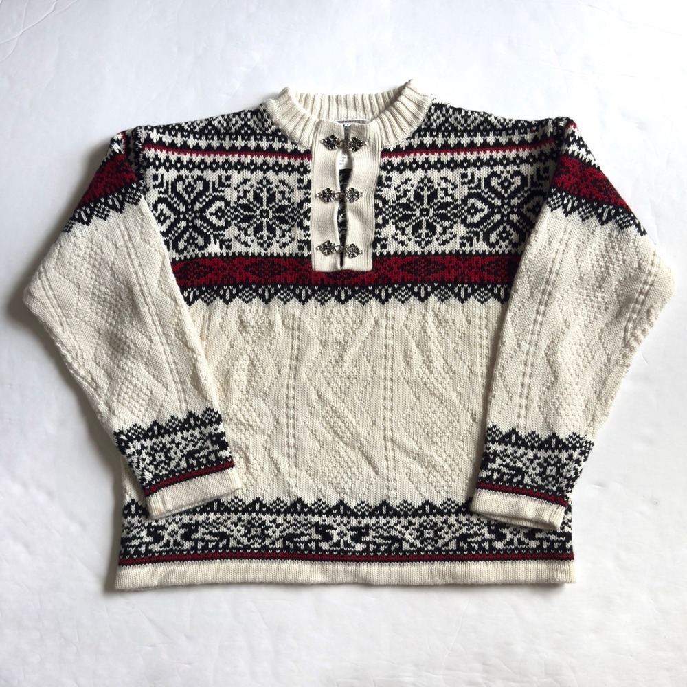 Vintage Meister Fair Isle Nordic Sweater Mens S Cream Black Wool Blend Snow Ski